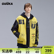 guuka&agaho联名黄色棒球服外套，男美式街头pu皮，拼接棉衣冬季宽松
