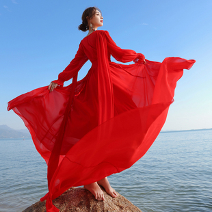 复古红色收腰连衣裙草原沙漠旅游拍照大摆长裙海边度假拖地沙滩裙