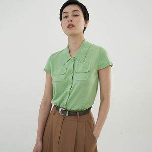 StudioFun薄荷绿天丝针织衫女款春夏设计感polo短袖内搭开衫上衣