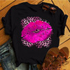 pinkleopardlipstshirt夏季黑色女装，个性豹纹嘴唇印花t恤短袖
