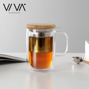 丹麦viva玻璃茶杯茶水分离杯子，办公室水杯带茶漏泡茶杯，单人茶叶杯