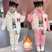 女童冬装加绒加厚三件套装，2023洋气时髦卫衣，女孩中大童马甲潮