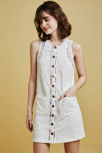 法式小众夏季棉质蕾丝镂空彩色边缘前系扣无袖连衣裙