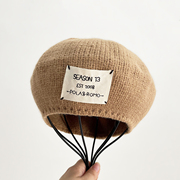 韩版毛线贝雷帽女秋冬季百搭贴布字母针织，画家帽ins网红蓓蕾帽子