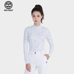 DEXGOLF韩国高尔夫服装女士春夏款满印半高领时尚运动长袖T恤小众