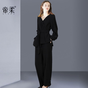 帝柔春秋季黑色高级感职业两件套装垂感休闲显瘦长袖衬衫长裤女装