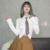 sylcue学院jk风短款纯色长袖衬衫，女修身褶皱，设计性感气质领带上衣