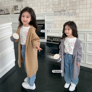 2023秋季女童韩版儿童中长款针织衫外套，加长毛衣开衫毛线衣(毛线衣)潮