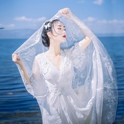 超仙网纱裙子性感收腰高级感甜美白色仙女长裙海边度假连衣裙女夏