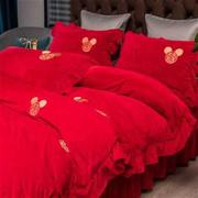 喜婚庆床上用品大红色宝宝绒四件套，被套床单款中式2米床结婚