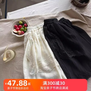 女童花边裙裤2024夏季韩版儿童蕾丝雪纺假两件裙裤长裤子夏装