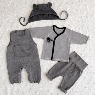初生婴儿上衣背带裤帽子经典条纹，灰色斜襟系带和尚，服套装组合待产