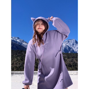 大口吃芝士大码女装胖mm套头长袖收腰连衣裙女春季蓝紫连帽卫衣裙