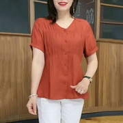 妈妈夏装洋气短袖衬衫中年，女夏天纯棉薄，款t恤中老年夏季小衫上衣