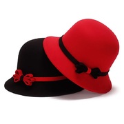 春秋冬季仿羊毛呢礼帽女士玫红色时尚潮流蝴蝶结休闲黑色盆帽