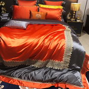 高档轻奢160支真丝棉床上用品四件套 蕾丝欧式橘色床盖款被套床单