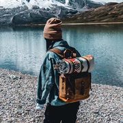 防水帆布牛皮大容量背包，男女潮流百搭休闲旅行包机车个性双肩包