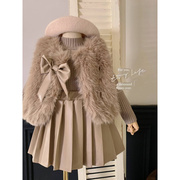 韩国女童套装秋冬款仿皮草马甲，洋气小女孩皮裙，加厚时髦炸街三件套