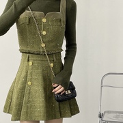 设计感小香风马甲套装气质绿色2023年冬季短裙三件套欧洲站新