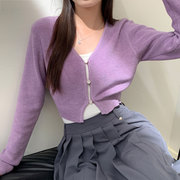 芋泥紫毛衣开衫设计感小个子高腰短款V领薰衣草紫上衣针织衫外搭