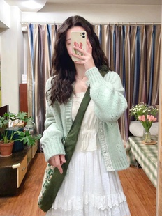 奶fufu薄荷绿色针织毛衣外套，开衫女早春秋装，2024韩系穿搭上衣