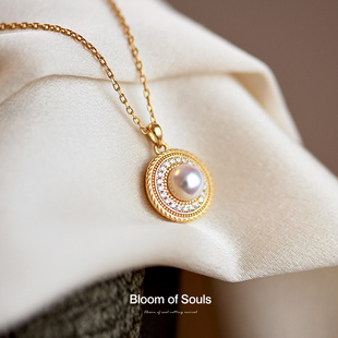 《涟漪》原创设计s925纯银天然淡水珍珠项链，圆形复古法式吊坠女新