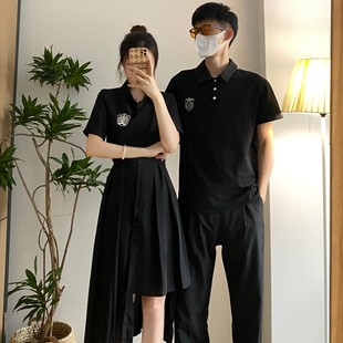 2023情侣装夏季高级感一裙一衣法式小众不规则连衣裙韩版短袖