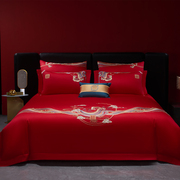 中式刺绣结婚床上四件套红色喜被120支全棉被套婚庆床单床上用品
