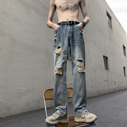vintage美式复古破洞牛仔裤，男夏季薄款水洗做旧设计感毛边阔腿裤