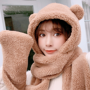 韩版秋冬女连帽子围巾手套三件一体学生可爱保暖加厚儿童小熊耳朵
