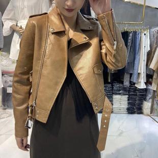 韩版皮衣外套女短款春秋，2023年修身显瘦蛇纹机车服，棕色夹克潮