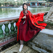 酒红色烫金女学生古装衣服，套装唐朝宋代长款齐胸中国古风服装