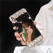 全玻璃镜面壳适用iphone15镶钻镜子手机壳，13苹果14promax手机壳1112硅胶保护壳软高级感补妆镜13pro个性
