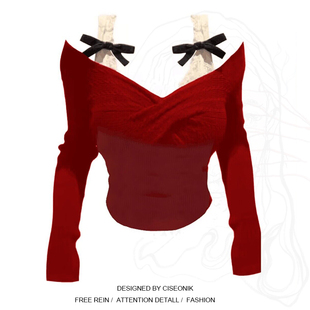 大码胖妹妹新年穿搭红色，假两件针织衫女秋冬设计感蝴蝶结打底上衣