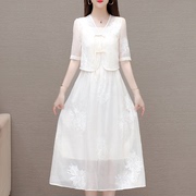 白色两件套中国风连衣裙，轻奢高端女夏季遮肚显瘦气质套装裙子