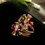 彩色花朵锆石开口戒指五彩色水晶戒指女戒指大气指环中指十指饰品
