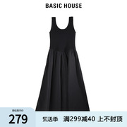 basichouse百家好纯色，针织连衣裙黑色时尚拼接背心，小黑裙夏季