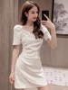 2023年夏季女款小个子法式白色雪纺设计感短袖气质显瘦连衣裙