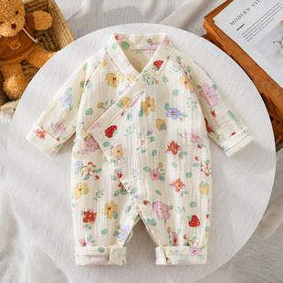 婴儿连体衣纯棉纱布长袖夏季满月宝宝空调服女新生儿衣服棉纱护肚