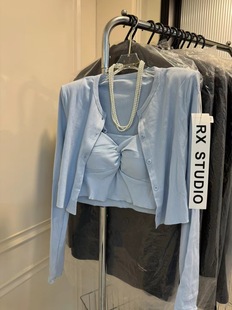 春季纯欲韩版简约纯色针织开衫，+背带褶皱吊带，背心两件套装女