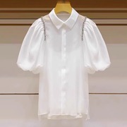 韩国重工镶钻泡泡袖雪纺衬衫，女夏薄款2024洋气，短袖衬衣气质减龄~