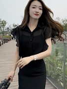 雪纺短袖衬衫女2023微透黑色衬衣时尚性感显瘦夏季高级感上衣