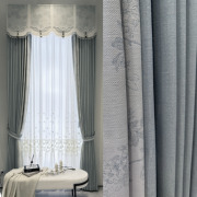 现代简约雪尼尔蓝色拼接玫瑰提花暗纹窗帘客厅卧室轻奢飘窗纱