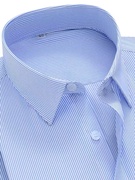 春款男士蓝条纹衬衫，细条职业装方领衬衣短袖棉，宽松商务工装正装