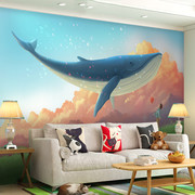 男孩卧室背景墙纸卡通儿童房壁纸，梦幻星空蓝色海洋鲸主题壁画墙布
