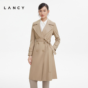 lancy朗姿秋季中长款收腰系带羊毛女士风衣外套，高级法式复古通勤