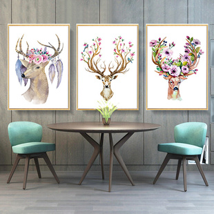 慕白北欧装饰画麋鹿壁画，挂画餐厅卧室客厅，墙画简约现代森系可