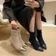 黑色拼接短靴女高跟细跟尖头，2023年秋冬韩版时尚，弹力瘦瘦靴