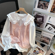 粉色娃娃领毛衣背心叠穿两件套2023春装，上衣衬衫搭配针织马甲