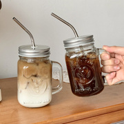 复古公鸡杯梅森杯咖啡杯果汁，杯透明创意，水杯子带盖吸管杯玻璃杯